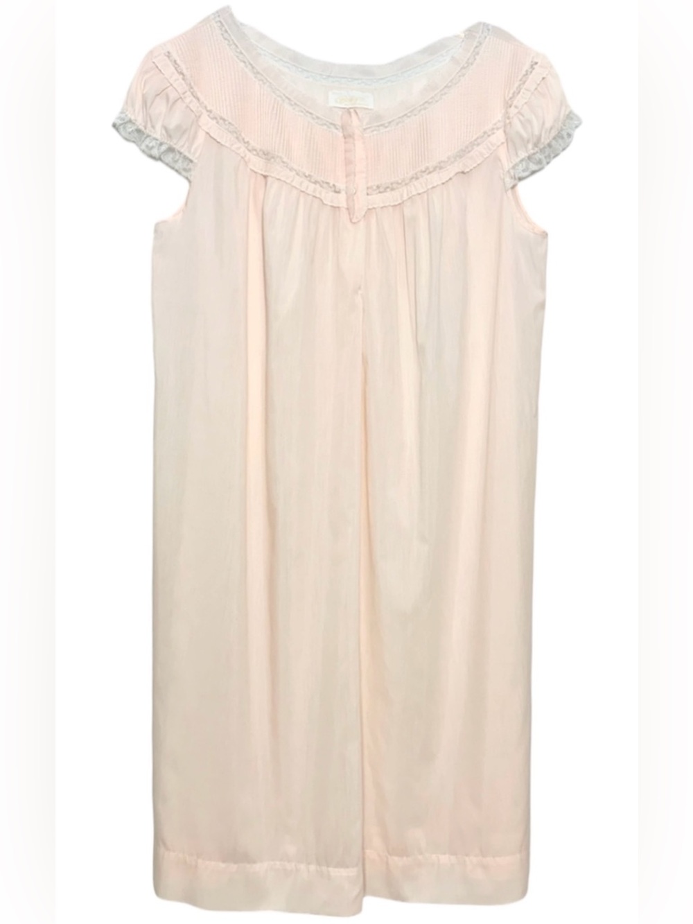 Vintage Barbizon Sheer Pink Peach Nightgown Lace Trim Pleated Yoke  L